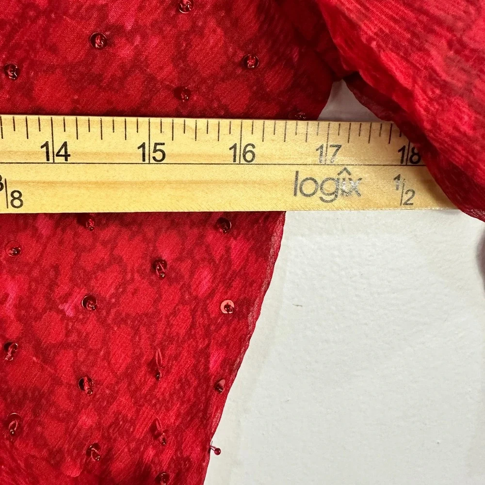 Vision‎ Apparel Dress 6 Red Silk Sequin Sheer Sleeve Midi Gown Y2K Vintage Glam